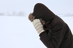 Kvinna kämpar i snöstorm med jackans kapuschong uppdragen