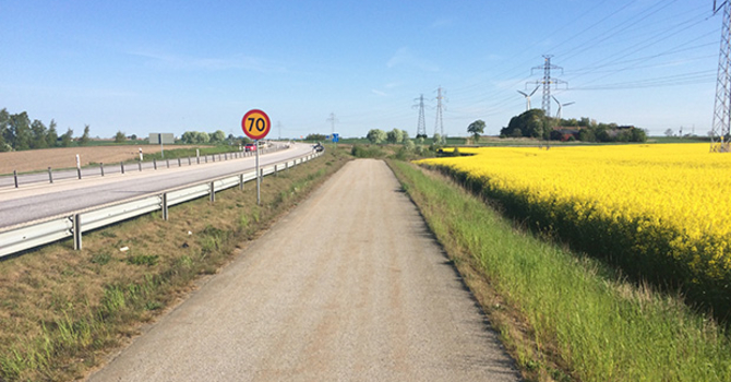 Cykelväg som ligger mellan en 70-väg och ett blommande rapsfält