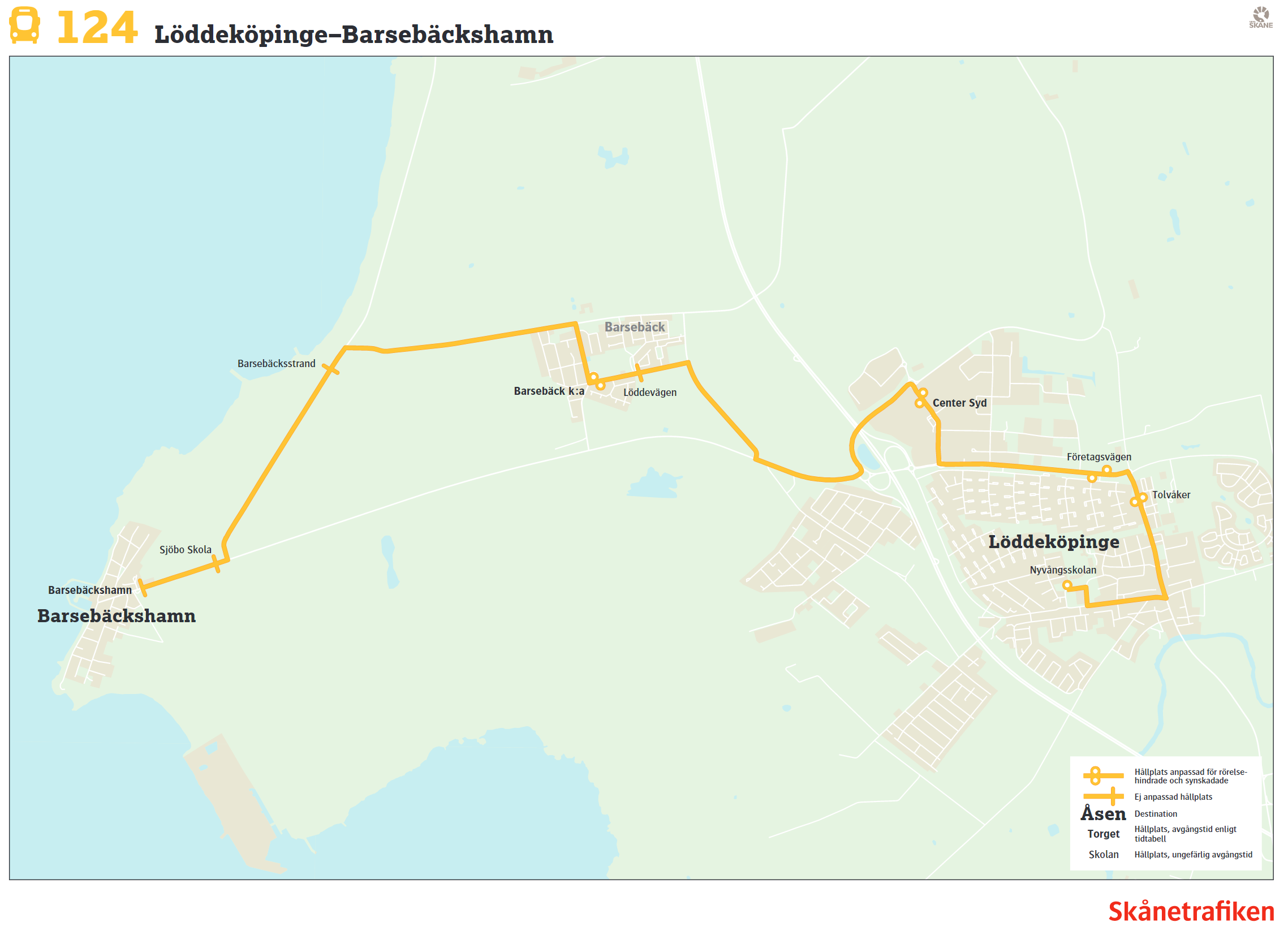 Karta över linjesträckningen för regionbuss 124, med alla hållplatser utplacerade. 