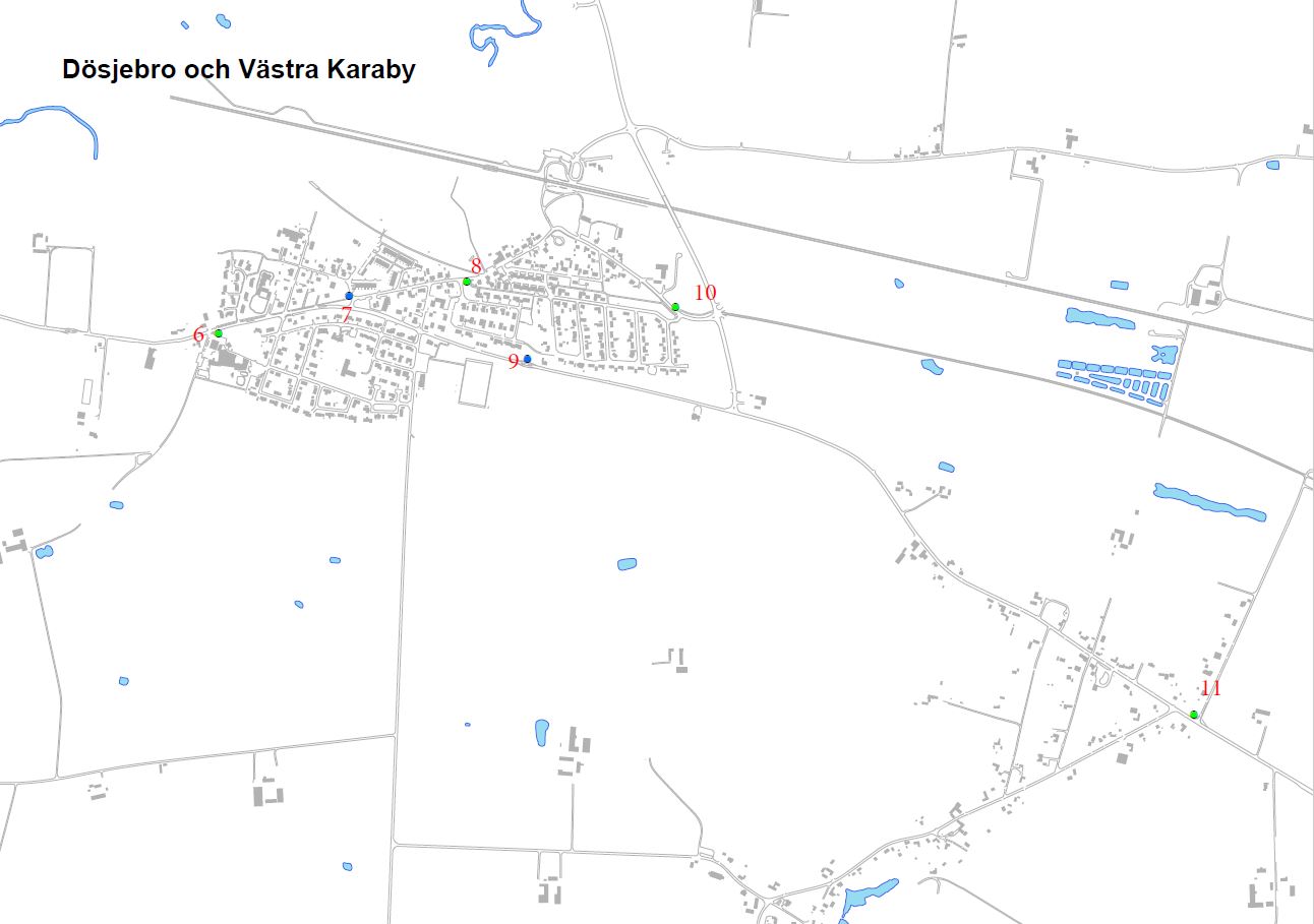 Karta över godkända platser för affischering i Dösjebro och Västra Karaby